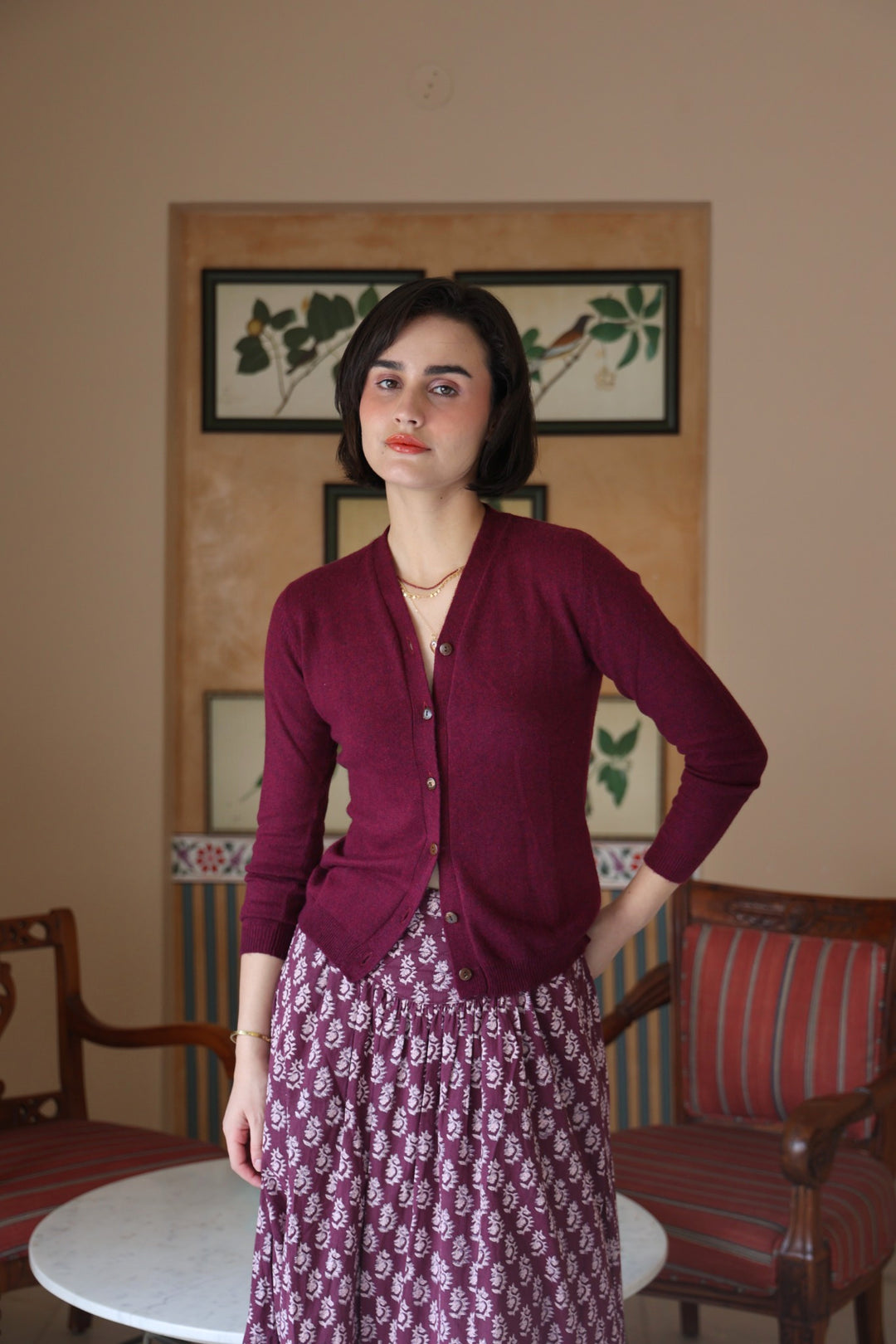 Wool Cashmere Skinny Knit Cardigan in Burgundy Marl