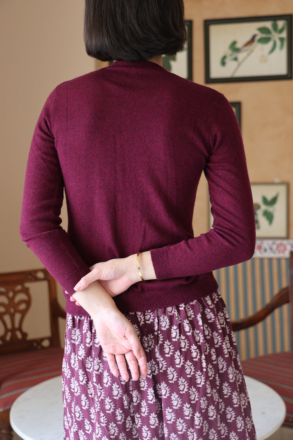 Wool Cashmere Skinny Knit Cardigan in Burgundy Marl - Dilli Grey