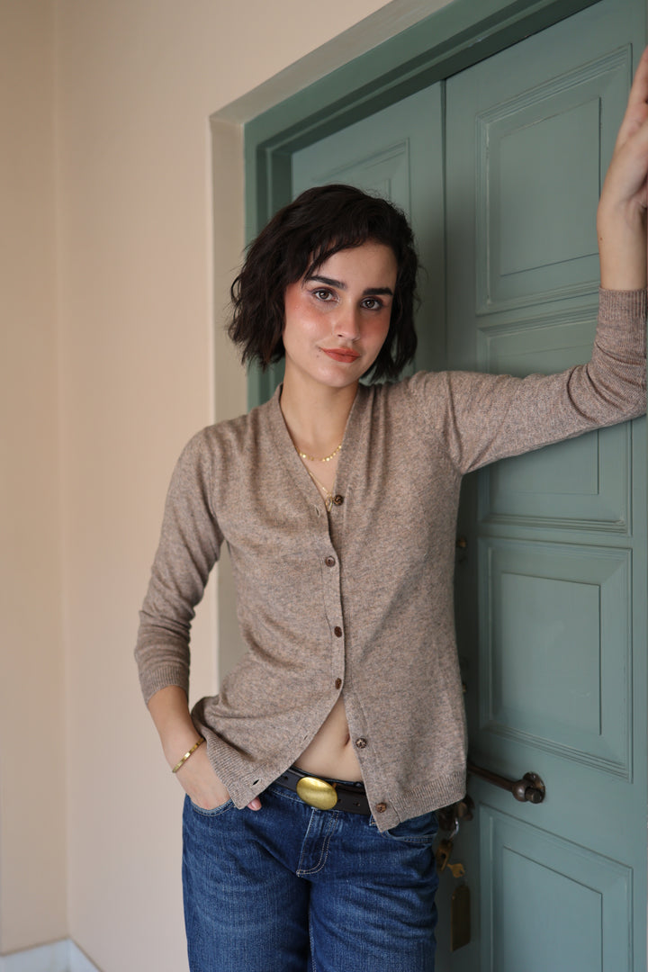 Wool Cashmere Skinny Knit Cardigan in Taupe Marl
