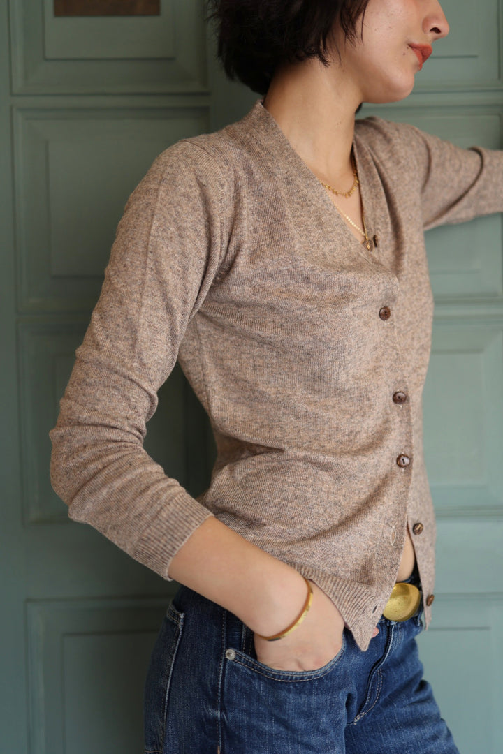 Wool Cashmere Skinny Knit Cardigan in Taupe Marl