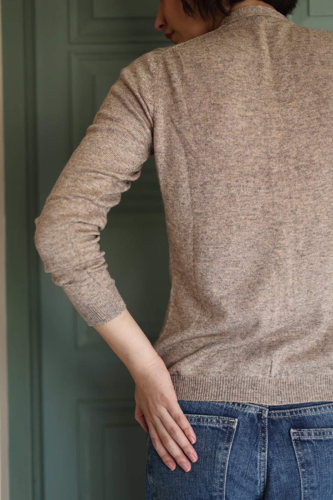 Wool Cashmere Skinny Knit Cardigan in Taupe Marl