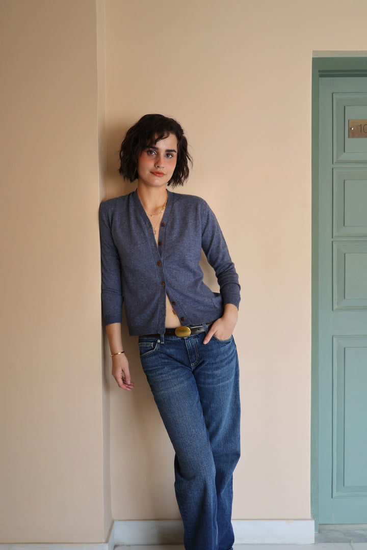 Wool Cashmere Skinny Knit Cardigan in Denim Blue