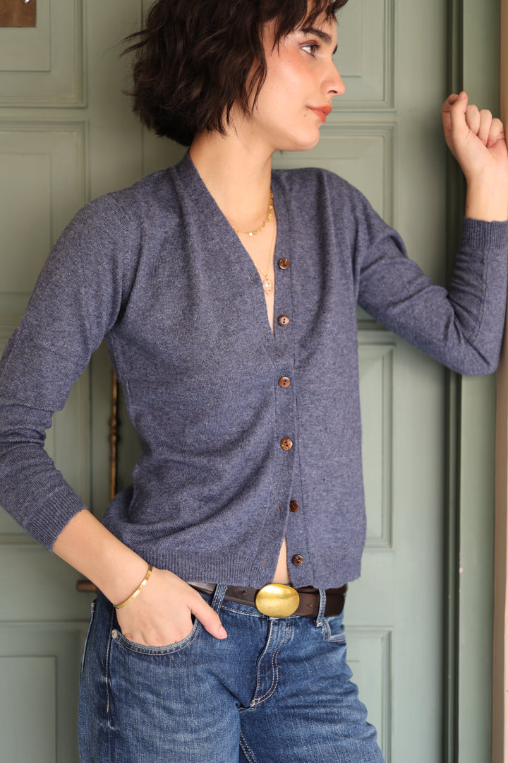 Wool Cashmere Skinny Knit Cardigan in Denim Blue