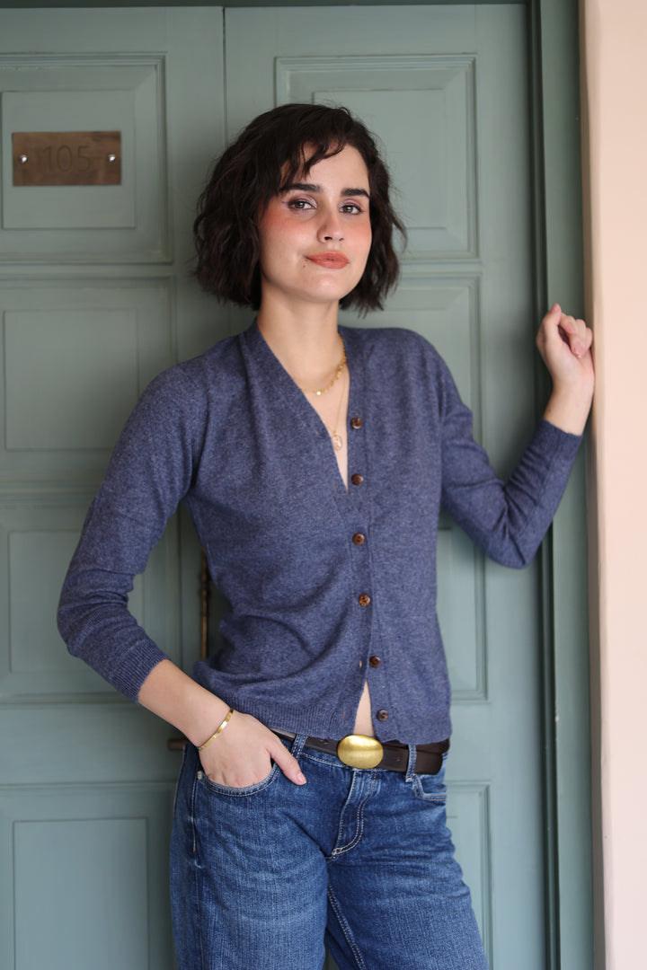 Wool Cashmere Skinny Knit Cardigan in Denim Blue