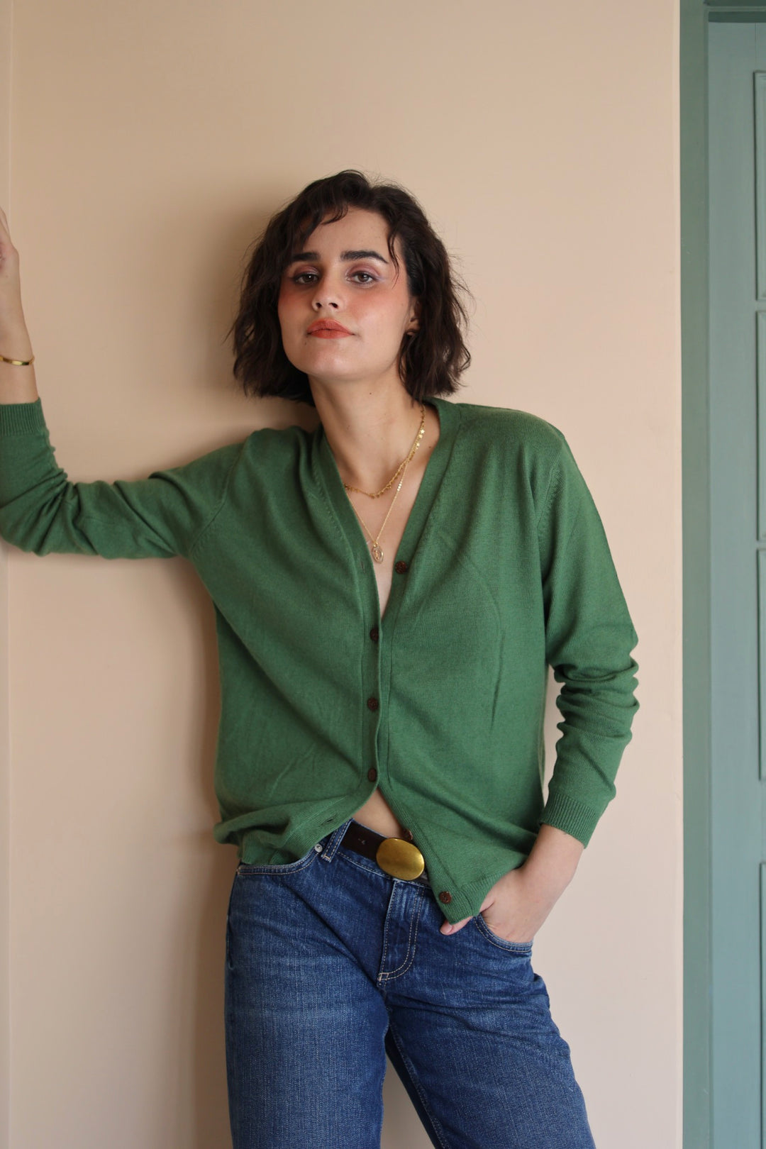 Wool Cashmere Skinny Knit Cardigan in Tulsi Green