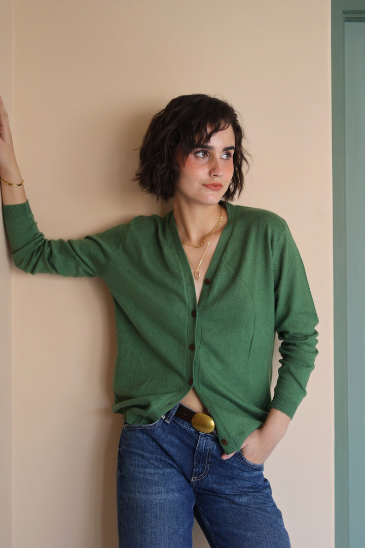 Wool Cashmere Skinny Knit Cardigan in Tulsi Green