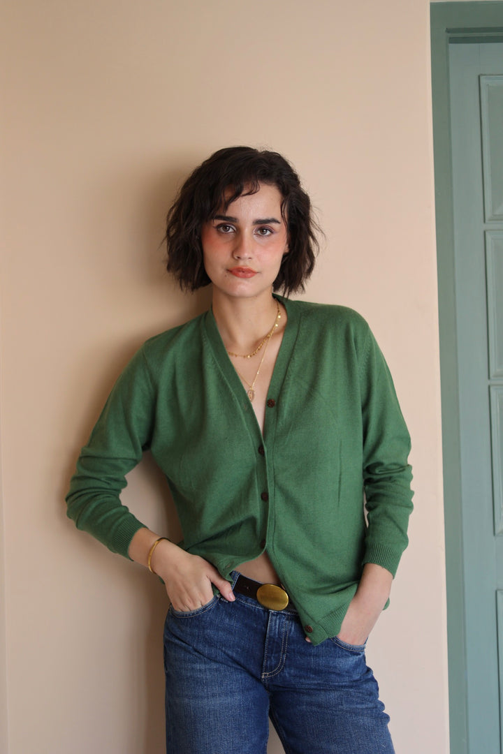 Wool Cashmere Skinny Knit Cardigan in Tulsi Green