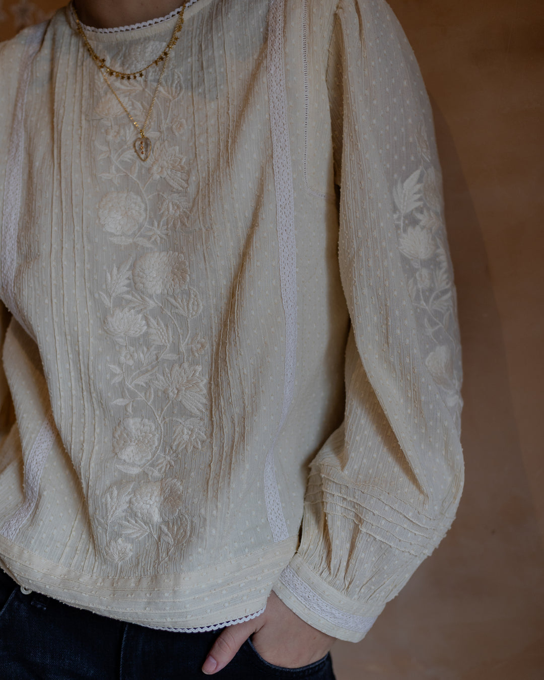 Sona Embroidered Dobby Blouse in Cream - delivery beg Nov - Dilli Grey