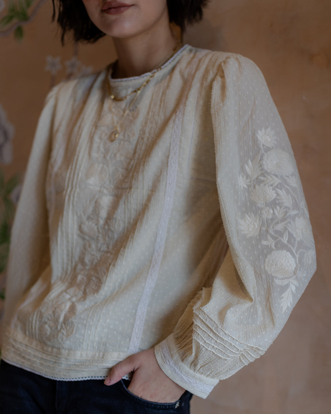 Sona Embroidered Dobby Blouse in Cream - delivery beg Nov - Dilli Grey