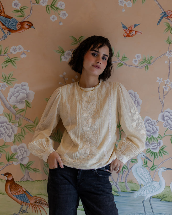 Sona Embroidered Dobby Blouse in Cream - delivery beg Nov - Dilli Grey