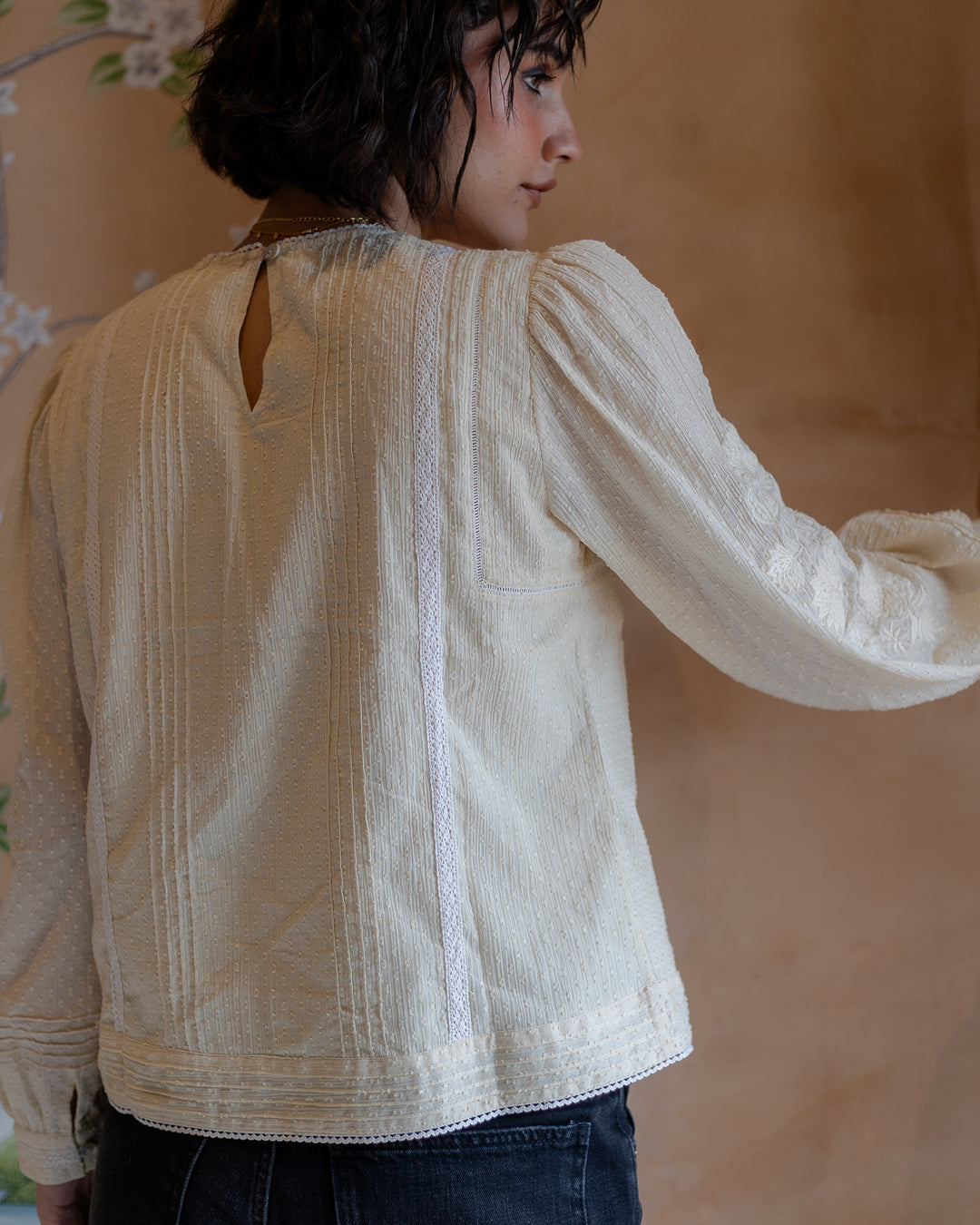 Sona Embroidered Dobby Blouse in Cream - delivery beg Nov - Dilli Grey