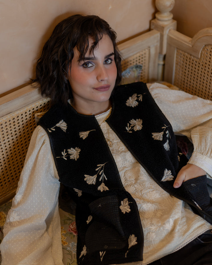 Meera Embroidered Teddy Gilet in Black - delivery beg Nov - Dilli Grey