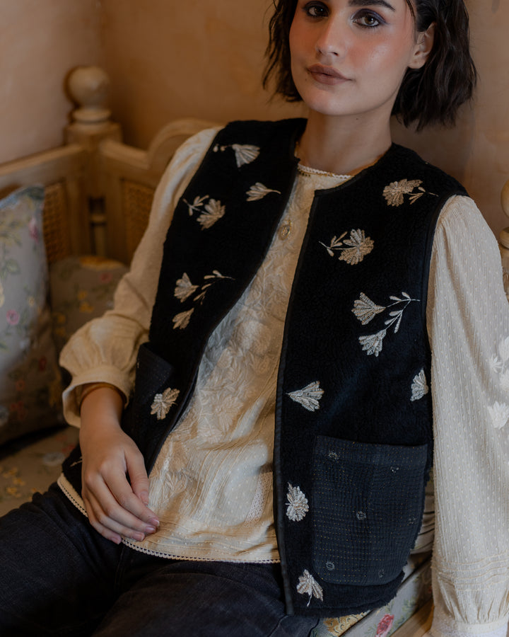 Meera Embroidered Teddy Gilet in Black - delivery beg Nov - Dilli Grey