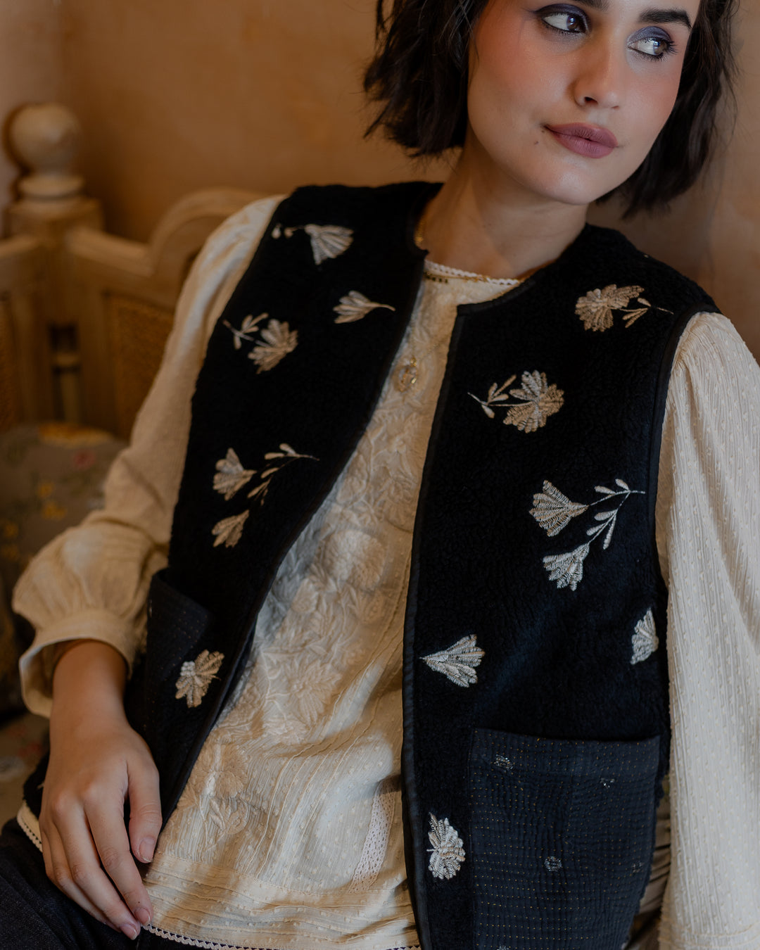 Meera Embroidered Teddy Gilet in Black - delivery beg Nov - Dilli Grey