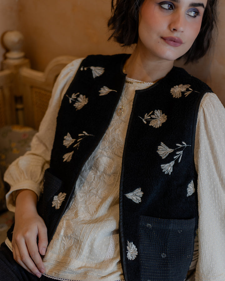 Meera Embroidered Teddy Gilet in Black - delivery beg Nov - Dilli Grey