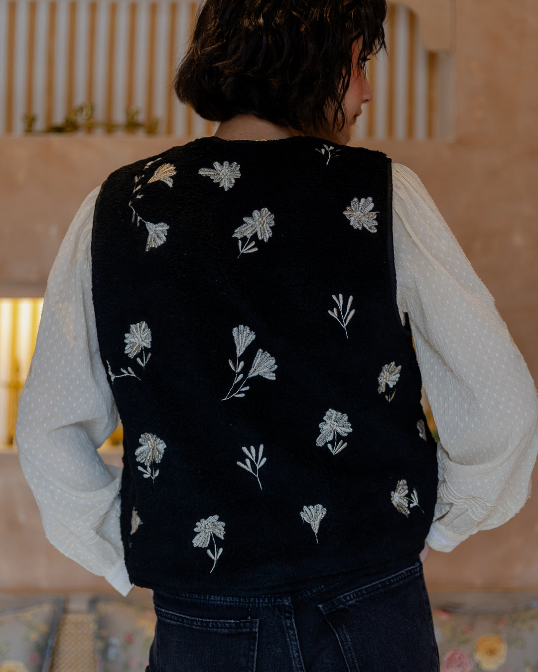 Meera Embroidered Teddy Gilet in Black - delivery beg Nov - Dilli Grey