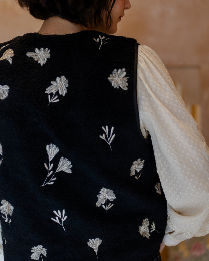 Meera Embroidered Teddy Gilet in Black - delivery beg Nov - Dilli Grey