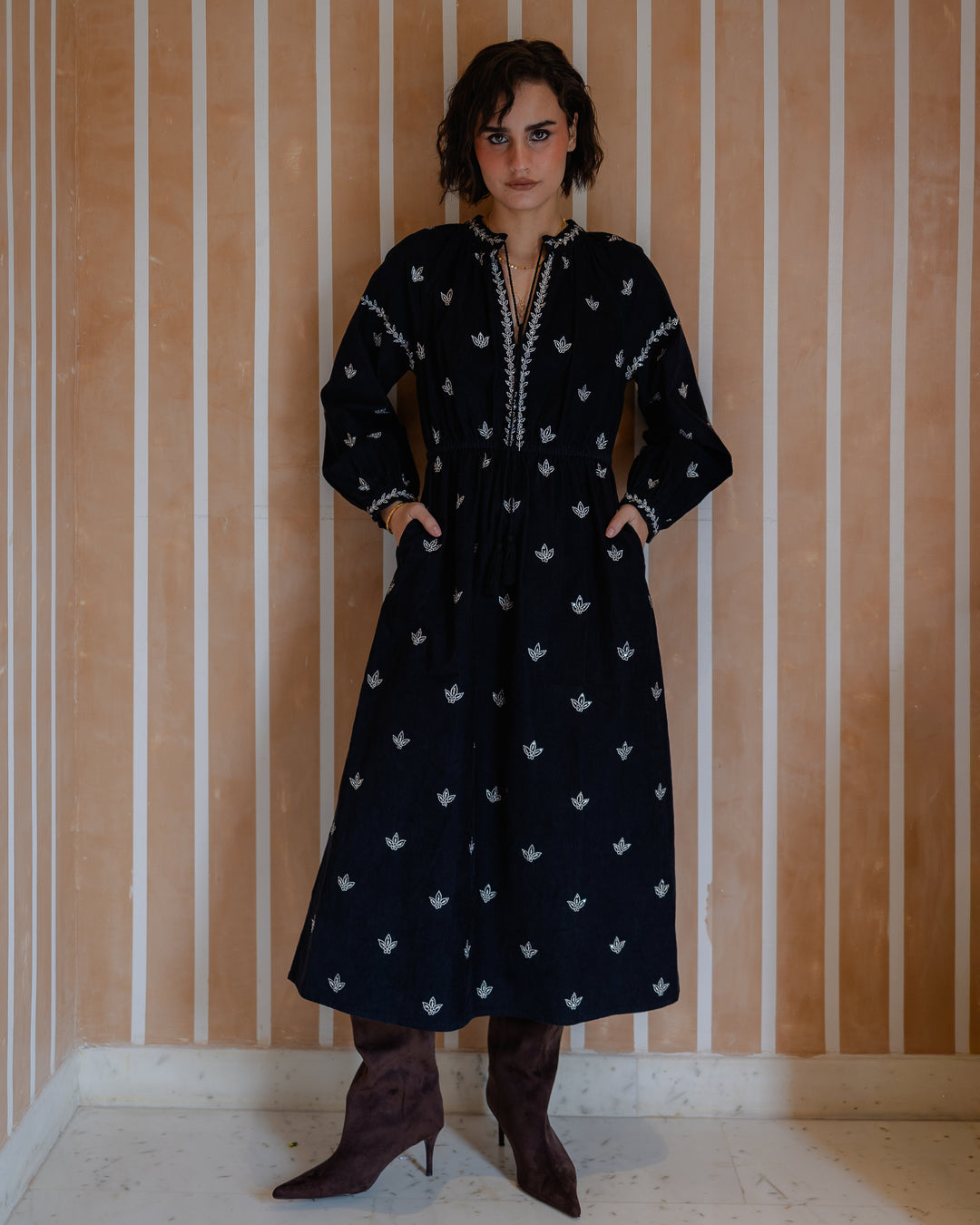 Gia Embellished Cord Dress in Black - delivery beg Nov - Dilli Grey