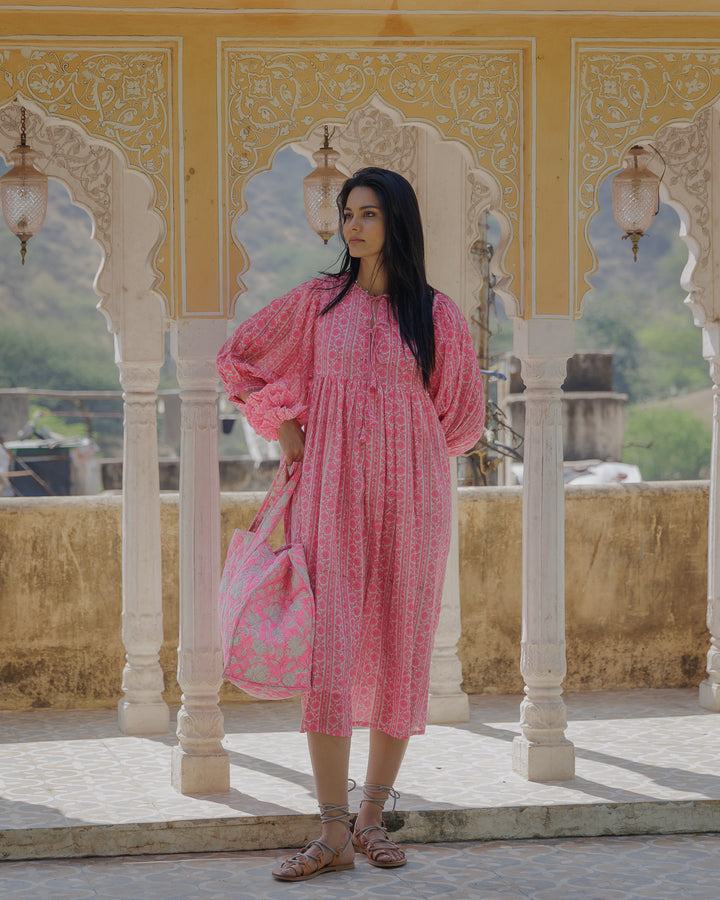 Farah Midi Dress in Neon Pink