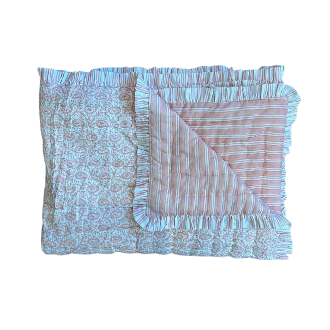 Dusty pink paisley hand-block printed quilt
