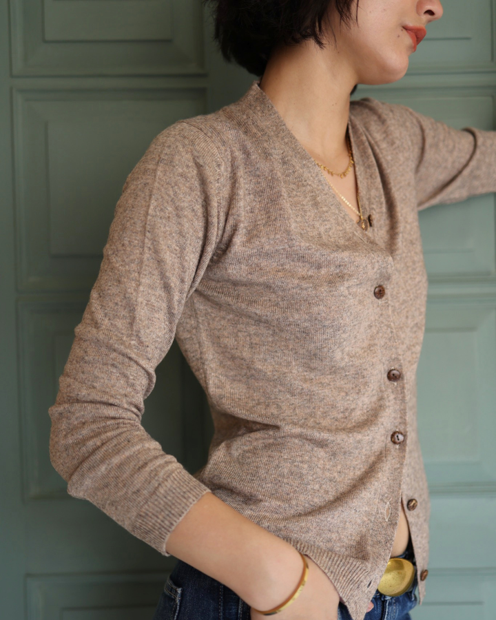 Wool Cashmere Skinny Knit Cardigan in Taupe Marl