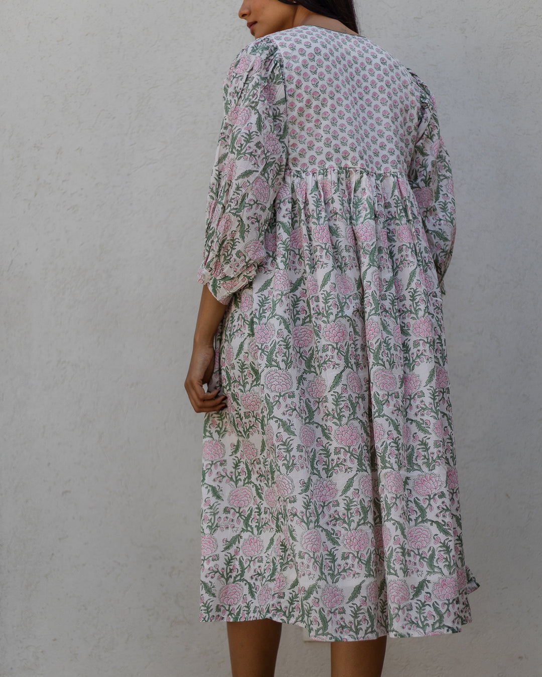 Farah Midi Dress in White & Sage - Dilli Grey