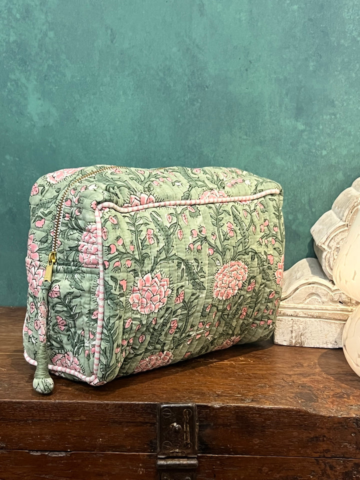 Johari Double Zip Wash Bag In Sage And Dusty Pink