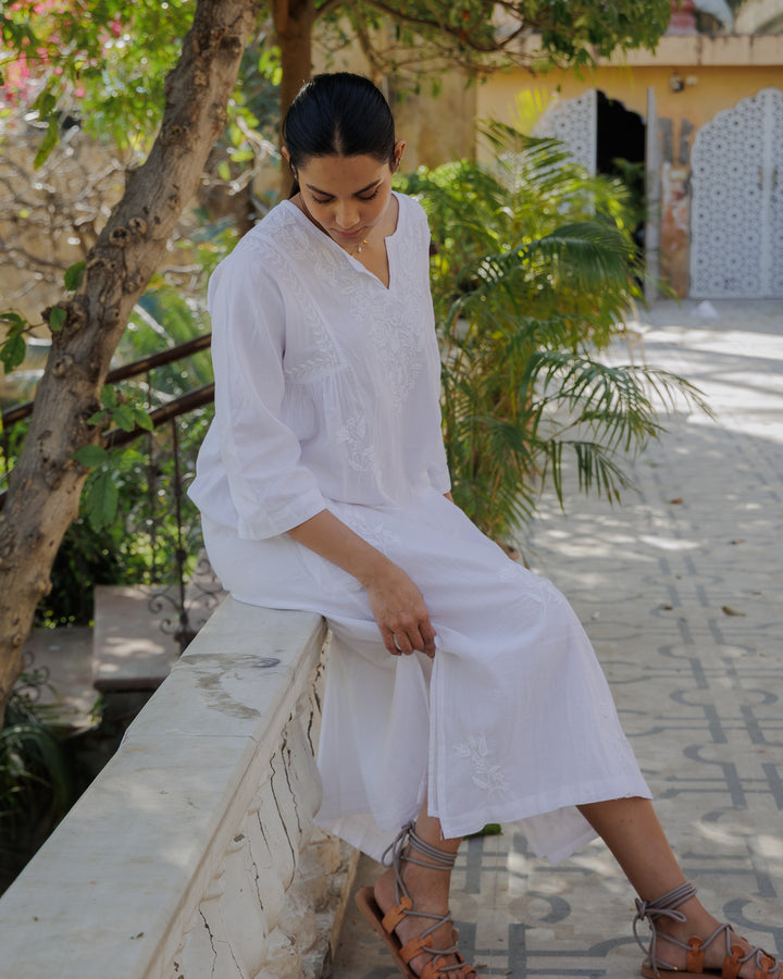 Chikankari-embroidered kaftan in Jasmine White