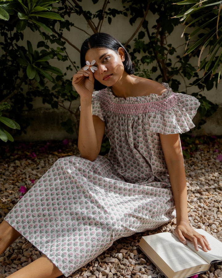 Daisy Butta Smocked Nightie in White and Pink