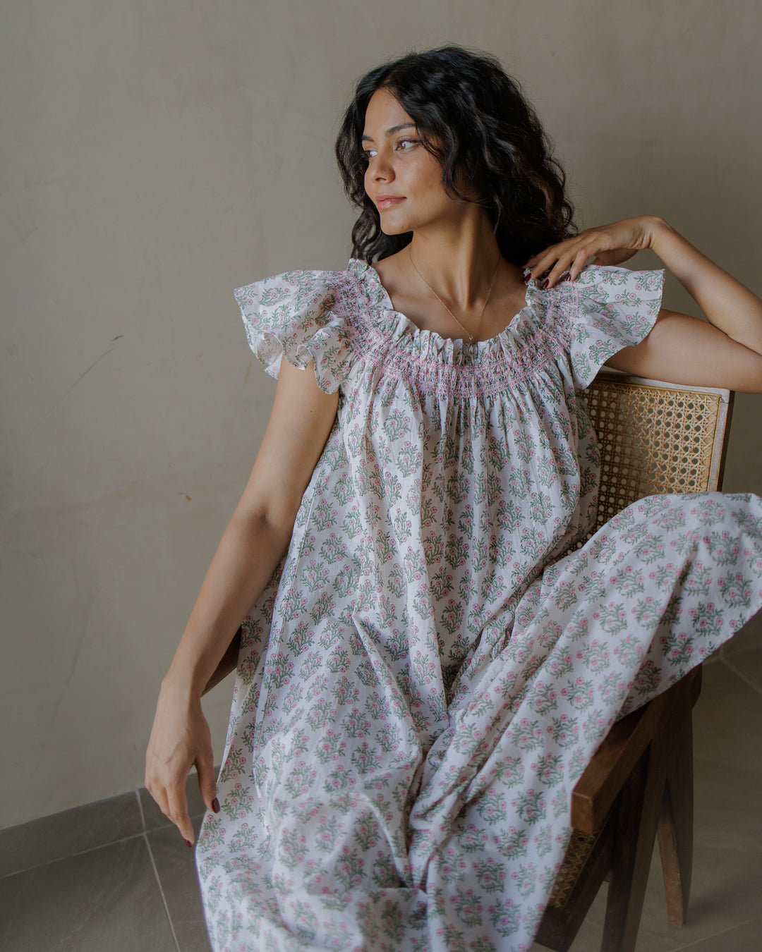 Mogra Smocked Nightie in White and Sage - Dilli Grey