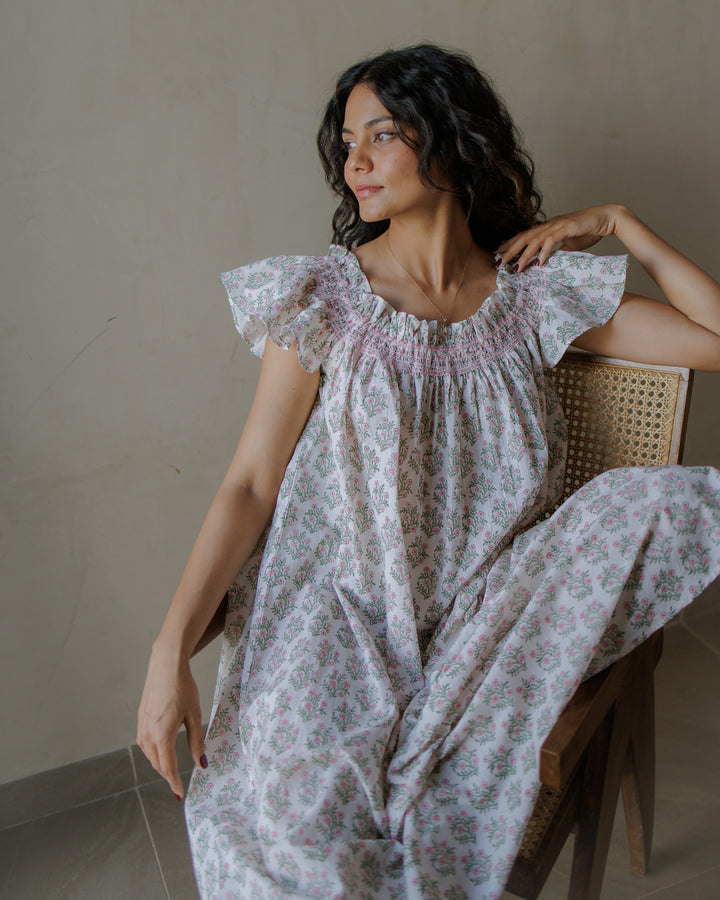Mogra Smocked Nightie in White and Sage - Dilli Grey