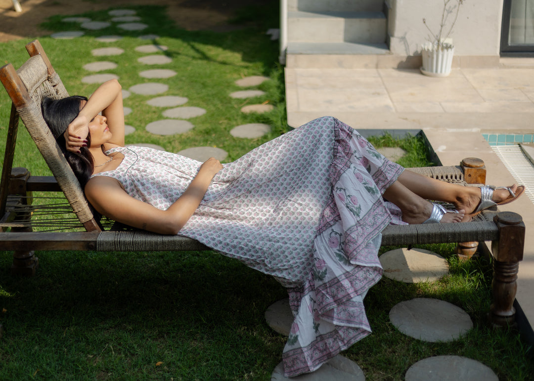 Kaya Maxi Sundress in White & Sage - Dilli Grey
