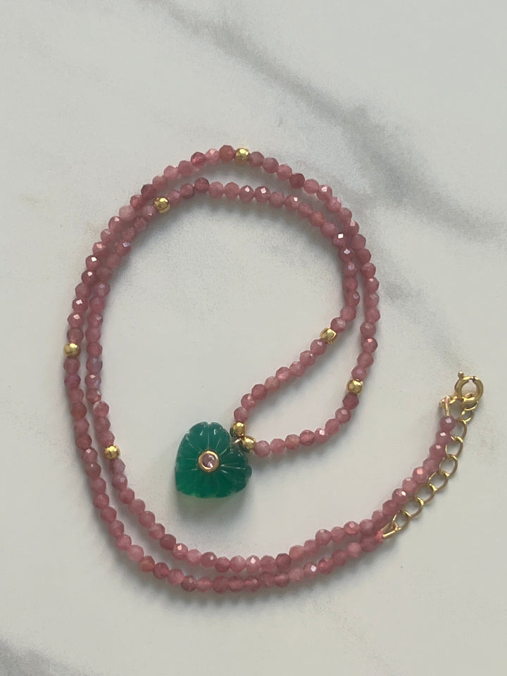 Jaipur Carved Heart Necklace in Pink Tourmaline & Green Onyx