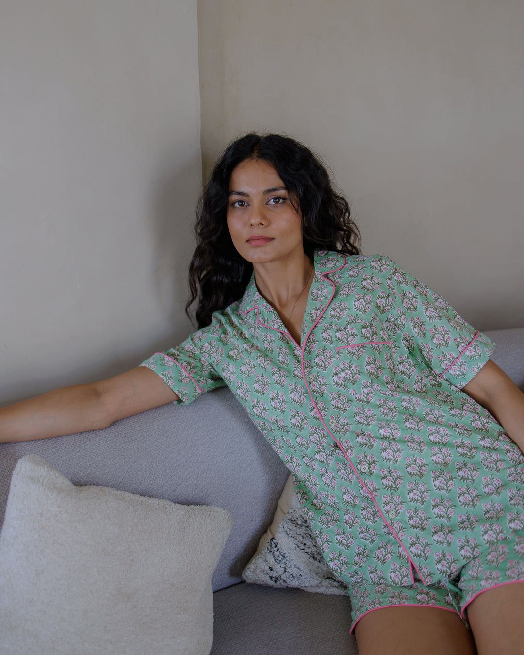 Mogra Shorts PJ set in Sage Green and Pink - Dilli Grey