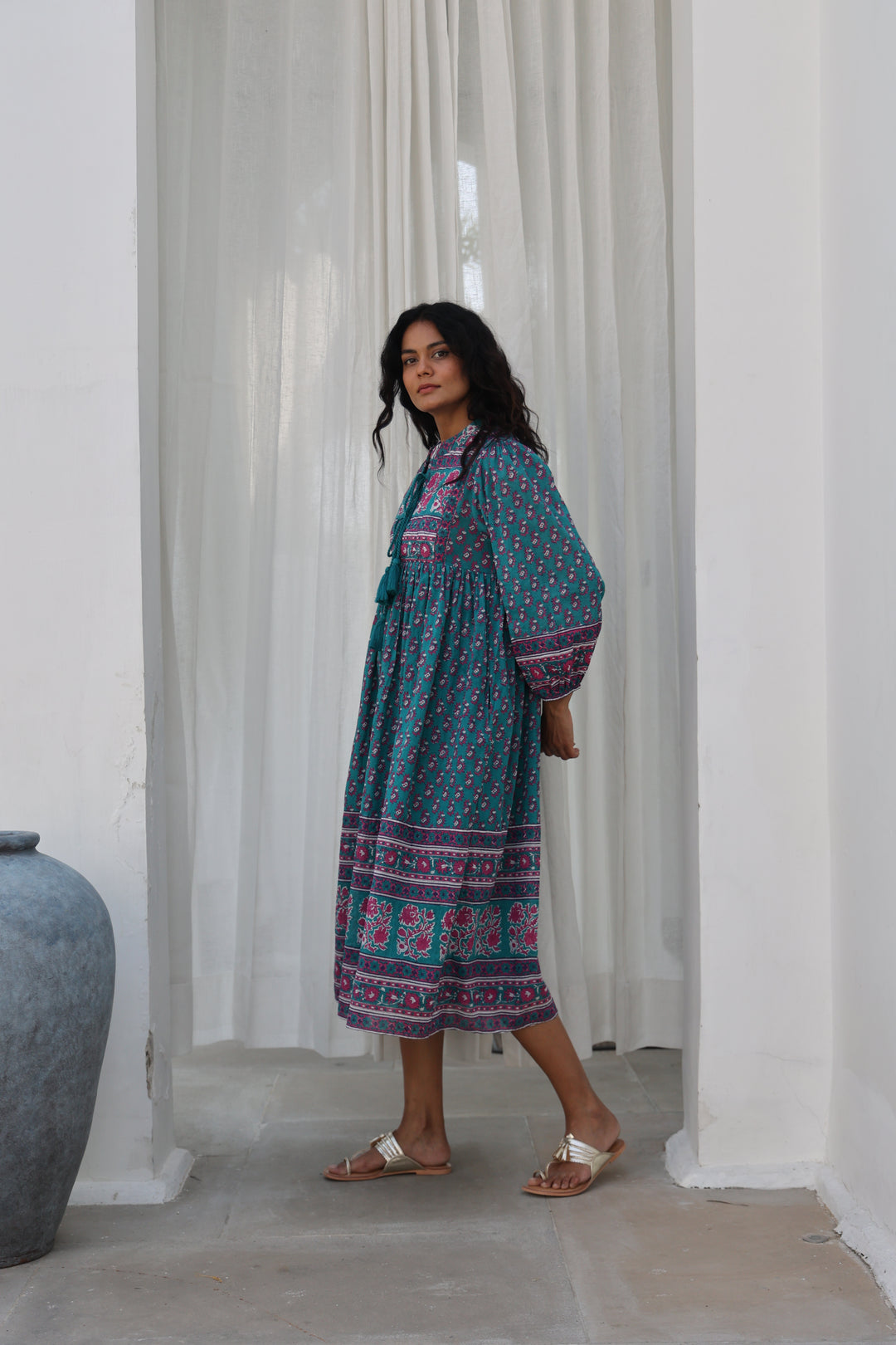 Priya Midi Dress In Teal and Magenta - Dilli Grey