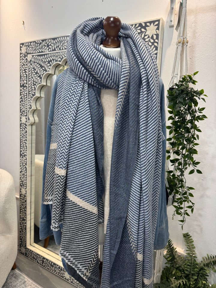 Cashmere hand-loom blanket scarf in denim blues