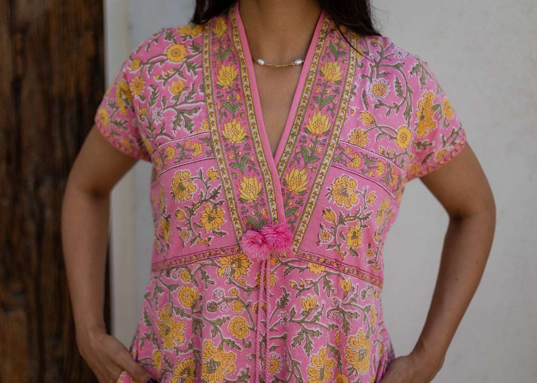 Riti Panelled Maxi Dress in Jaipur Pink and Yellow - Dilli Grey