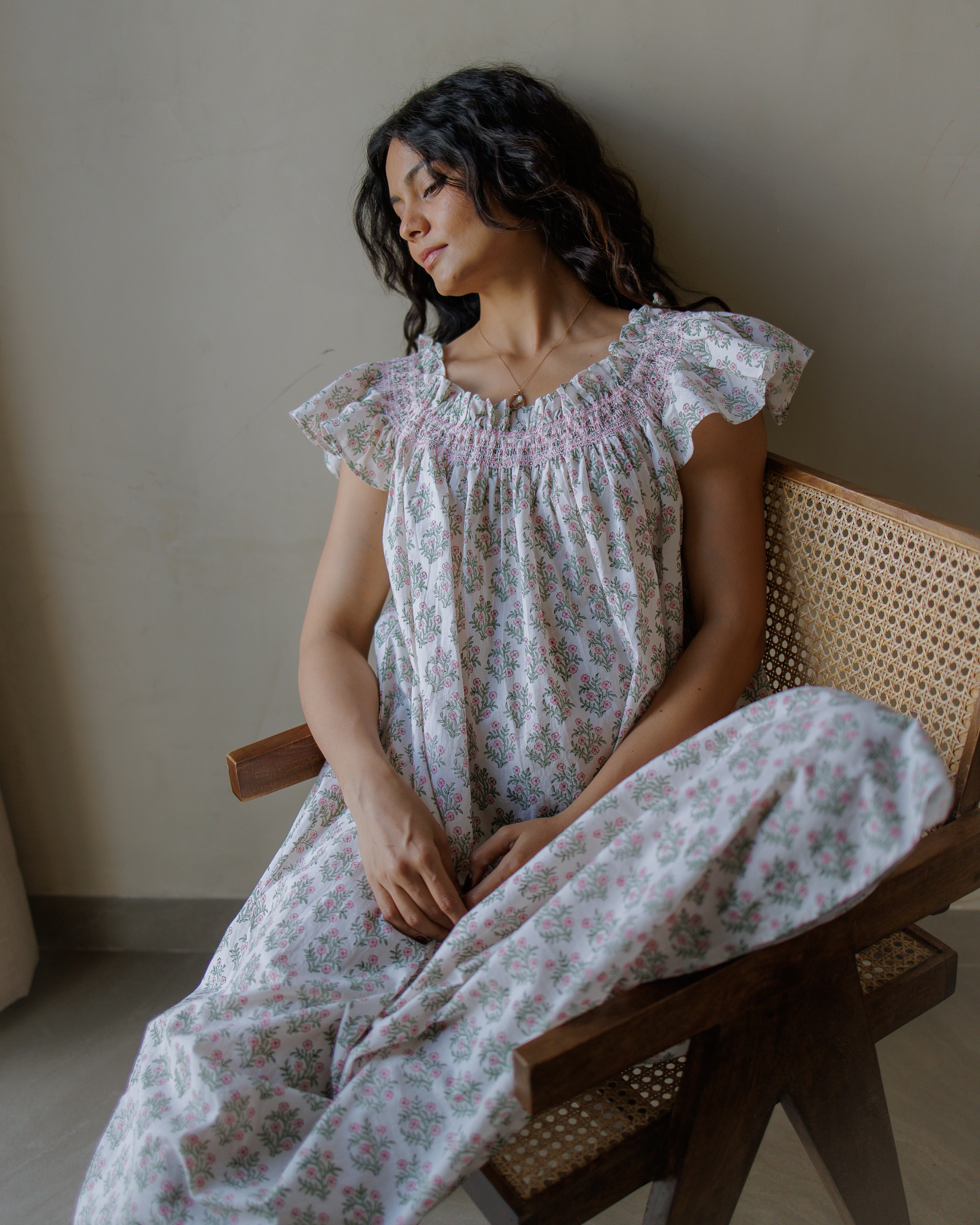 Mogra Smocked Nightie in White and Sage - Dilli Grey