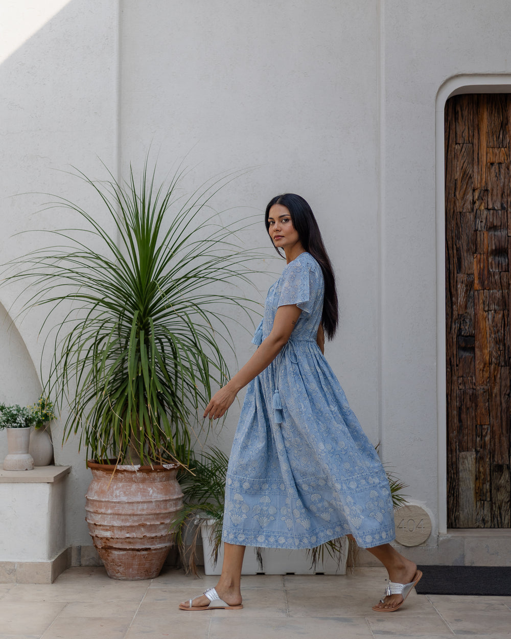 Fifi Flutter Sleeve Midi Dress in Dusty Blue - Dilli Grey