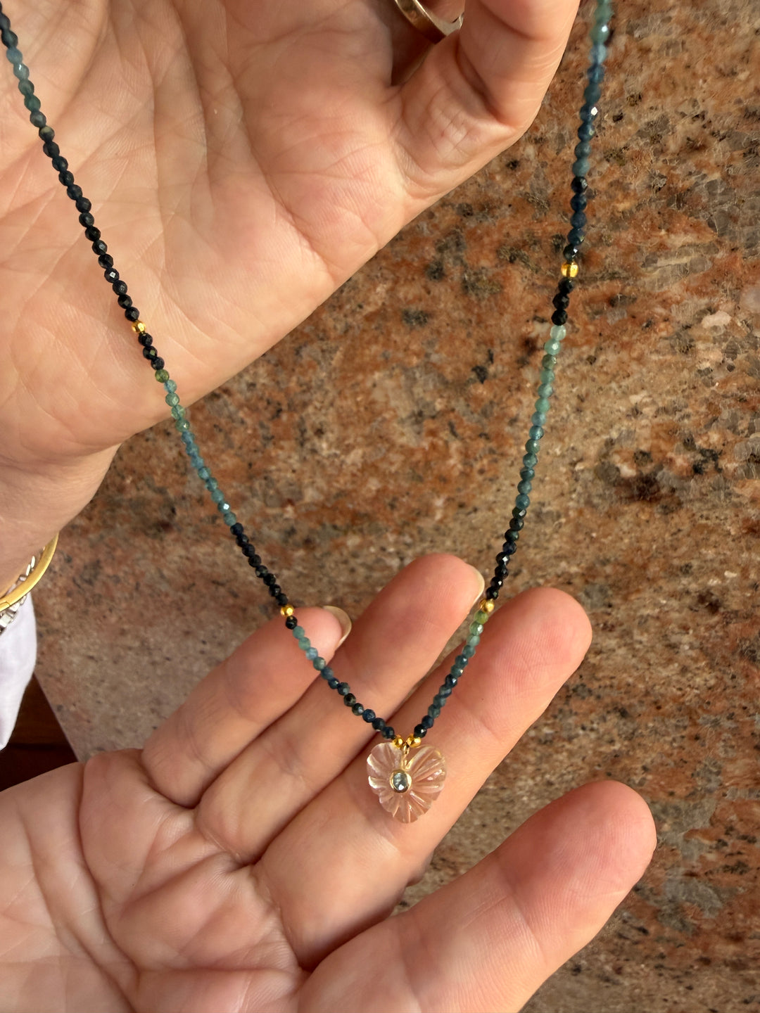 Jaipur Carved Heart Necklace in Crystal & Green Tourmaline  - SHIPS 9TH SEPTEMBER