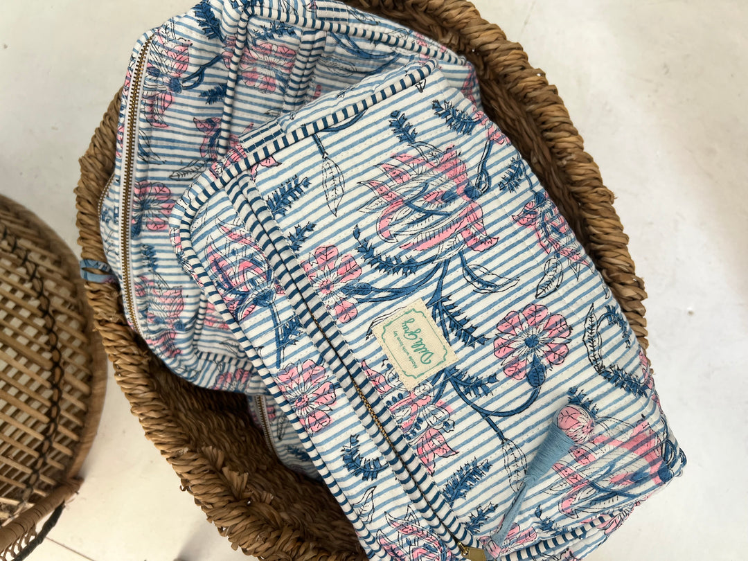 Champaca Double Zip Wash Bag In Dusty Blue & Pink