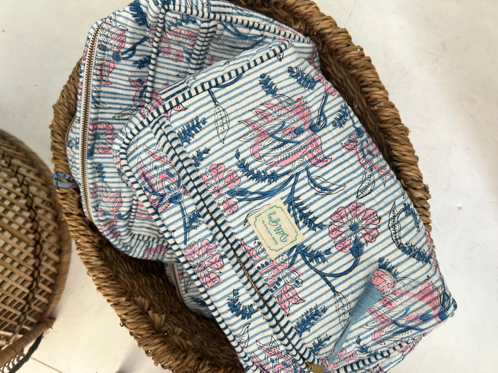 Champaca Double Zip Wash Bag In Dusty Blue & Pink