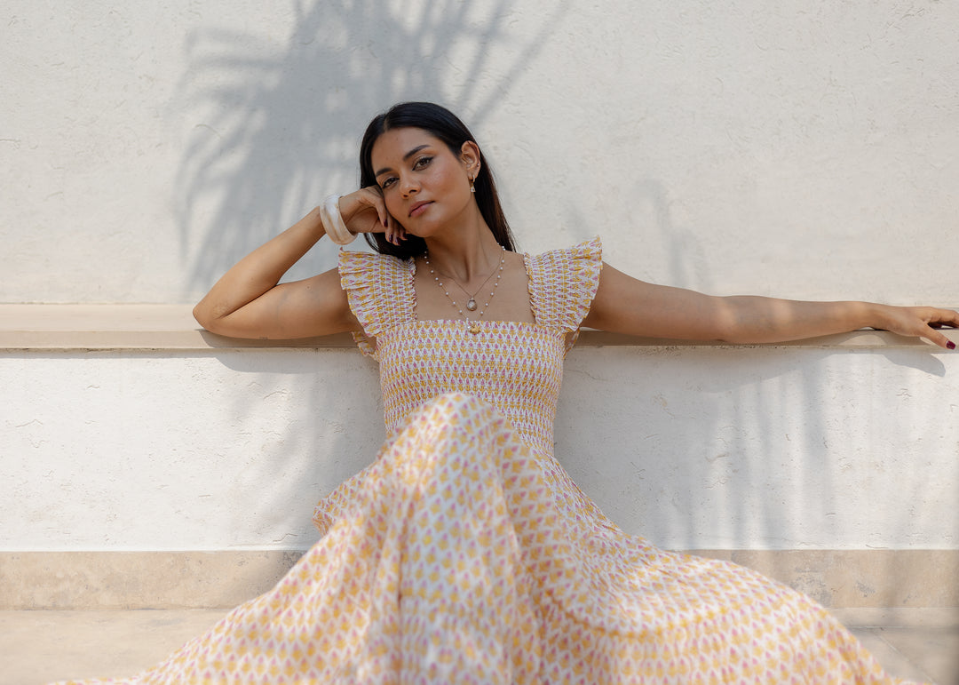 Tara Smocked Dress in sunshine yellow & pink - Dilli Grey