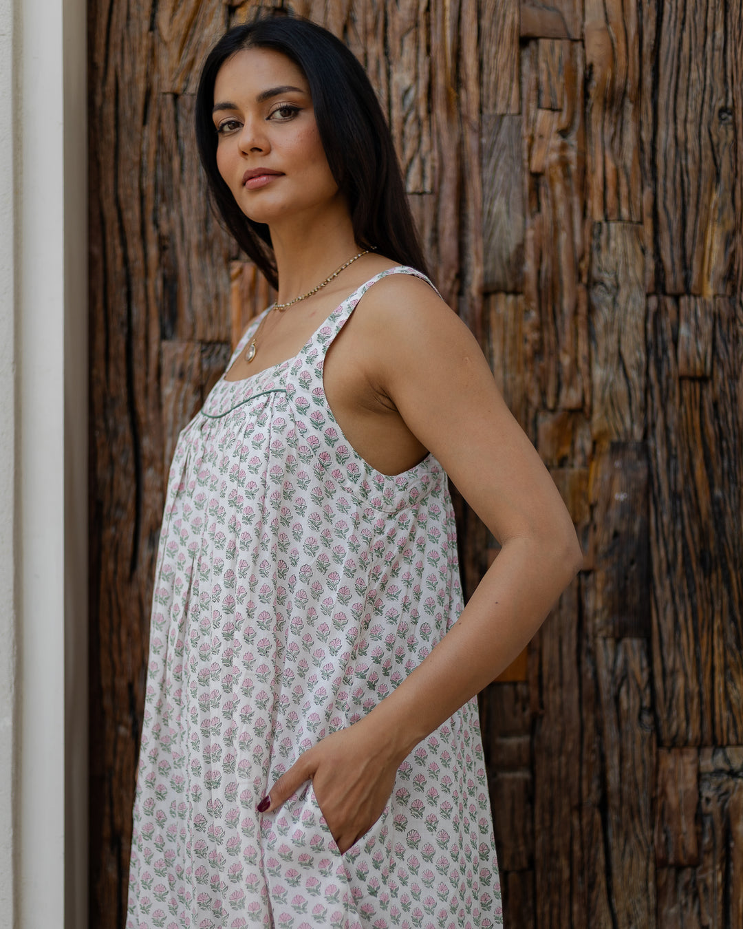 Kaya Maxi Sundress in White & Sage - Dilli Grey