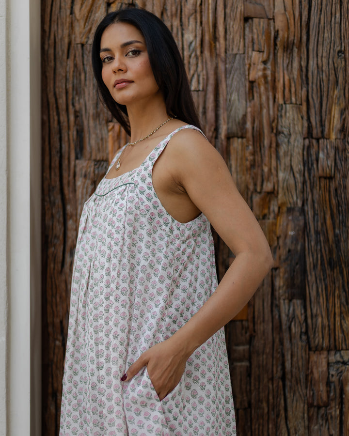 Kaya Maxi Sundress in White & Sage - Dilli Grey