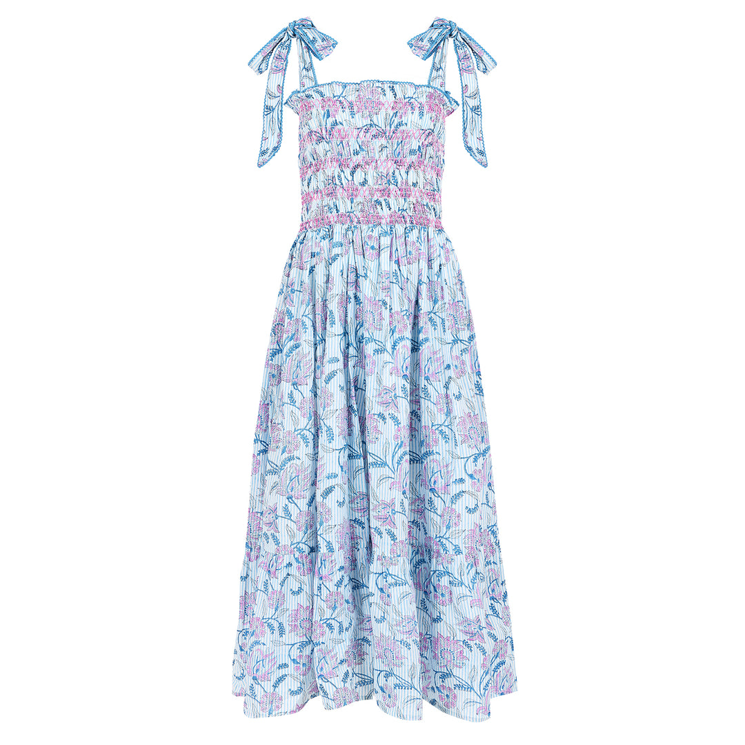 Yasmin Smocked Sundress in dusty blue and pink - Dilli Grey