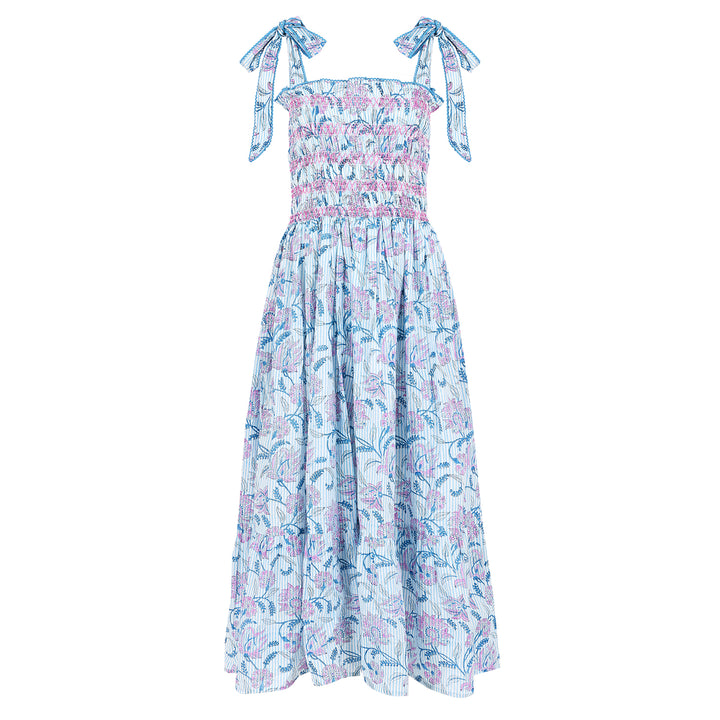 Yasmin Smocked Sundress in dusty blue and pink - Dilli Grey