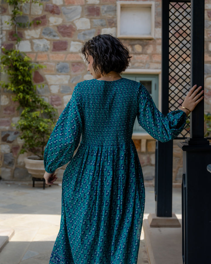 Belle Smocked Hand-Block Printed Midi Dress in Teal - delivery beg Nov