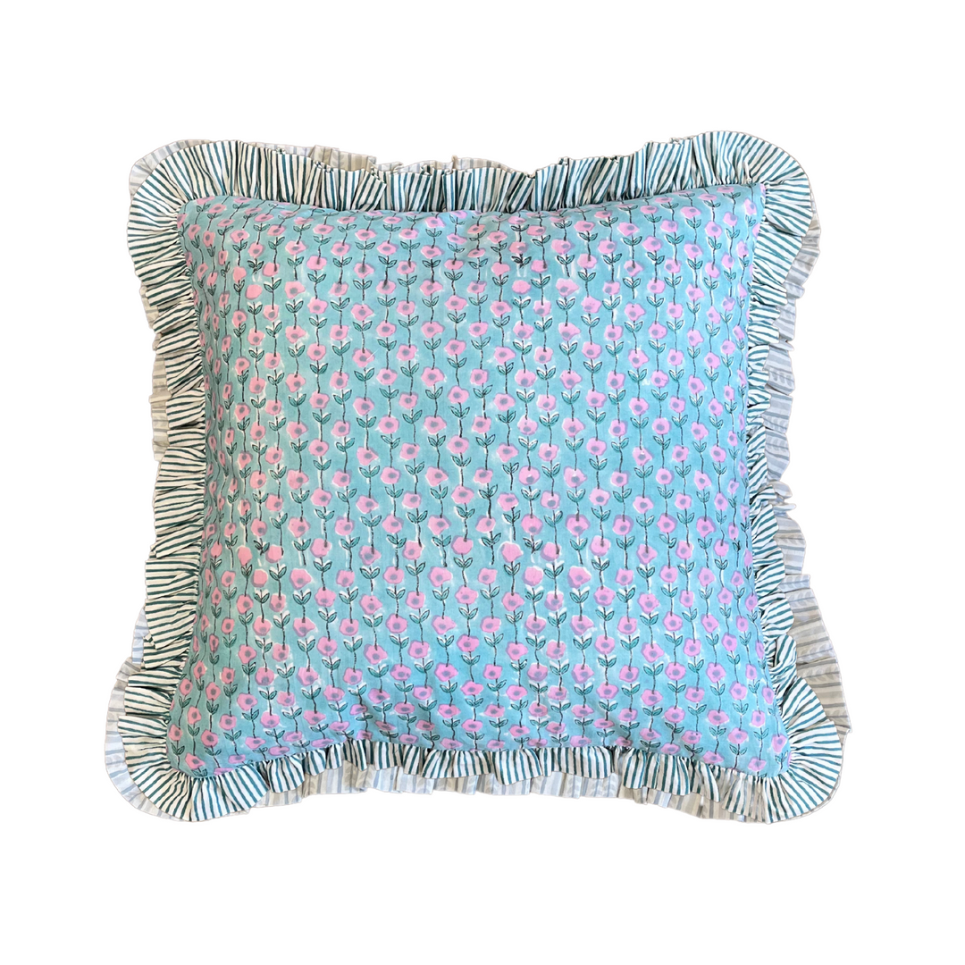 Flower Jaal Ruffle Cushion Cover in Aquamarine