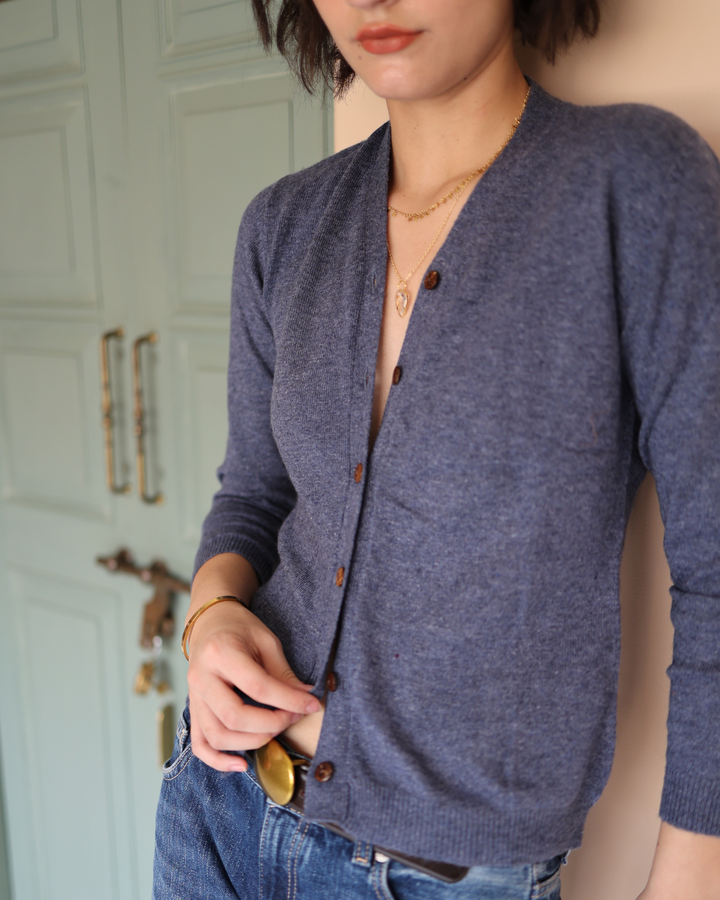 Wool Cashmere Skinny Knit Cardigan in Denim Blue